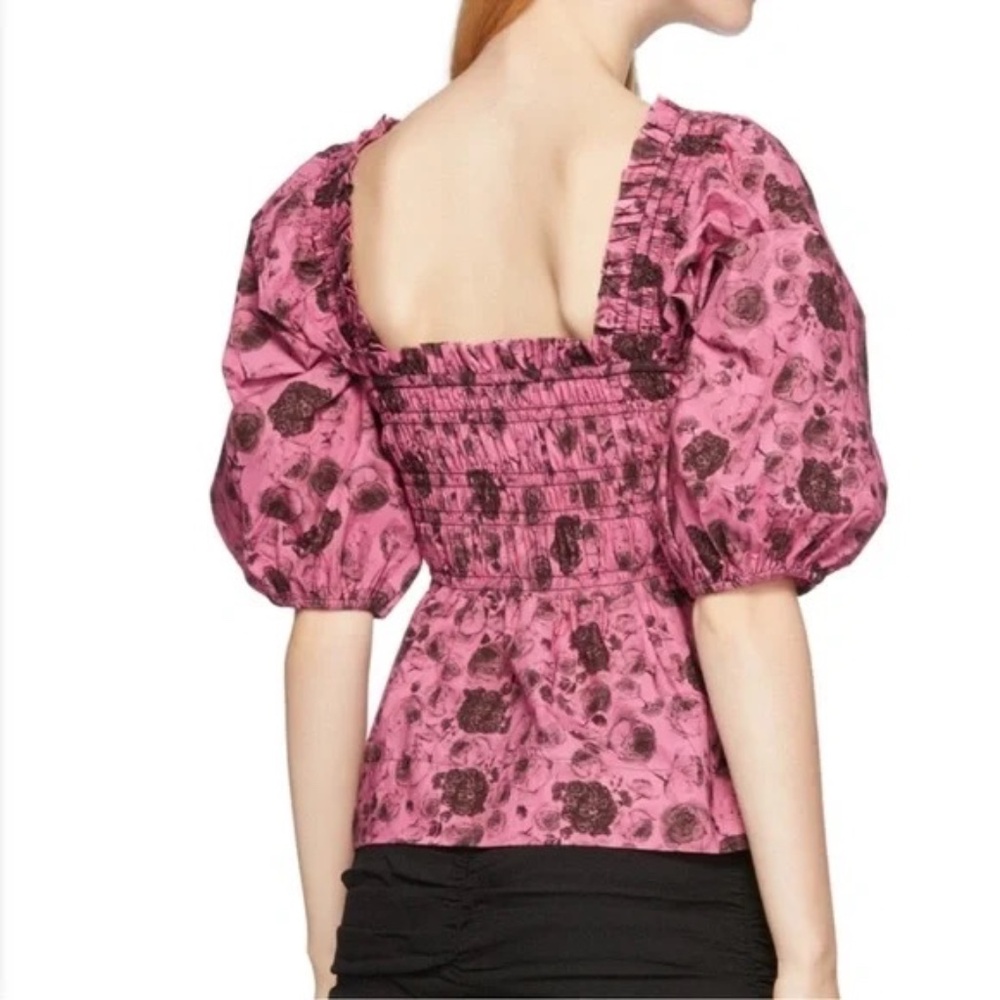 GANNI Pink and Black Floral Smocked Cotton Top - Sz 38 US 6 - Picture 3 of 12